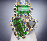 Серебряное кольцо c зелеными турмалинами 8,82 карата и синими сапфирами