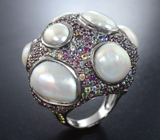 Серебряное кольцо с жемчугом барокко 61,5 карата, разноцветными сапфирами, родолитами гранатами, диопсидами и перидотами Серебро 925