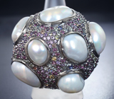 Серебряное кольцо с жемчугом барокко 61,5 карата, разноцветными сапфирами, родолитами гранатами, диопсидами и перидотами