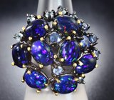 Серебряное кольцо с кристаллическими черными опалами, васильковыми сапфирами и голубыми топазами
