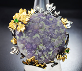 Серебряное кольцо с друзой фиолетового халцедона 42,09 карата и диопсидами Серебро 925