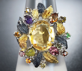 Превосходное серебряное кольцо с цитрином, аметистом, цаворитом и разноцветными турмалинами