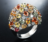 Праздничное крупное серебряное кольцо с разноцветными сапфирами Серебро 925