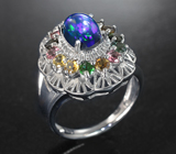 Праздничное серебряное кольцо с черным опалом и разноцветными турмалинами Серебро 925