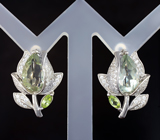 Чудесные серебряные серьги с зелеными аметистами и перидотами Серебро 925