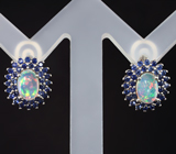 Серебряные серьги с кристаллическими эфиопскими опалами и синими сапфирами бриллиантовой огранки Серебро 925