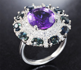 Эффектное серебряное кольцо с ярким аметистом и насыщенно-синими сапфирами