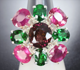 Серебряное кольцо с рубеллитом турмалином, сапфирами и цаворитами Серебро 925