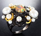 Серебряное кольцо с кристаллическим эфиопским опалом и жемчугом Серебро 925