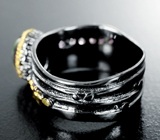 Серебряное кольцо с кристаллическим черным опалом и аметистами Серебро 925