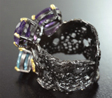 Серебряное кольцо c аметистами, голубым топазом, розовыми турмалинами и родолитом