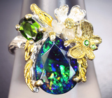 Серебряное кольцо с ограненным черным опалом и диопсидом Серебро 925