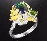 Серебряное кольцо с ограненным черным опалом и диопсидом Серебро 925