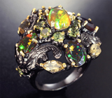 Серебряное кольцо с кристаллическими эфиопскими опалами, перидотами и цитринами