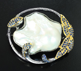Серебряная брошь с жемчужиной барокко 62,6 карата и синими сапфирами Серебро 925
