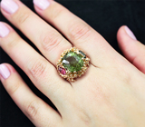 Золотое кольцо с зеленым турмалином 10,95 карата, рубеллитом, индиголитом и бриллиантами Золото