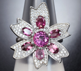 Чудесное серебряное кольцо с розовым топазом и рубеллитами турмалинами Серебро 925