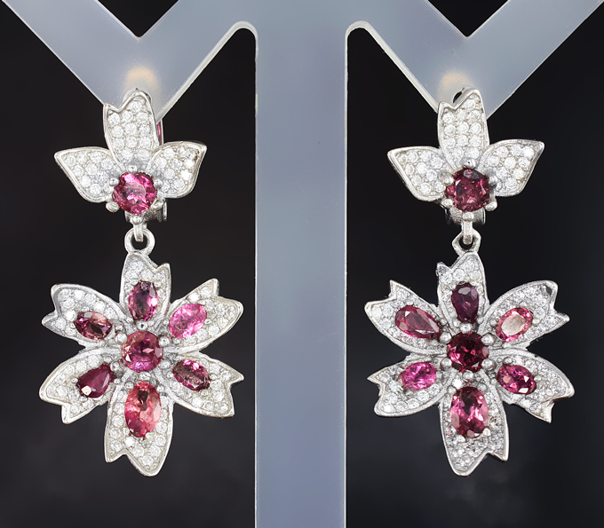 Чудесные серебряные серьги с рубеллитами турмалинами 