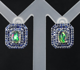 Превосходные серебряные серьги с эфиопскими опалами и синими сапфирами бриллиантовой огранки Серебро 925
