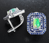 Превосходные серебряные серьги с эфиопскими опалами и синими сапфирами бриллиантовой огранки Серебро 925