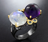 Серебряное кольцо с лунным камнем, аметистом и голубыми топазами Серебро 925