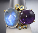 Серебряное кольцо с лунным камнем, аметистом и голубыми топазами Серебро 925
