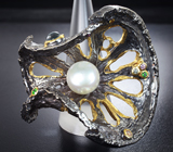 Серебряное кольцо с жемчужиной, голубым топазом, сапфирами и диопсидами Серебро 925