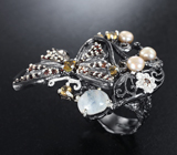 Серебряное кольцо с лунным камнем, жемчугом, цитринами и альмандинами гранатами