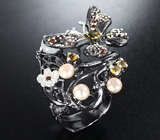 Серебряное кольцо с лунным камнем, жемчугом, цитринами и альмандинами гранатами Серебро 925