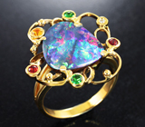 Золотое кольцо с австралийским дублет опалом топового качества 4,48 карата, сапфирами, цаворитами и бриллиантами Золото