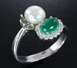 Элегантное серебряное кольцо с жемчужиной, хризопразом, зелеными сапфирами Серебро 925