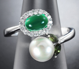 Элегантное серебряное кольцо с жемчужиной, хризопразом, зелеными сапфирами Серебро 925