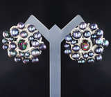 Крупные серебряные серьги с кристаллическими черными опалами и цветным жемчугом Серебро 925