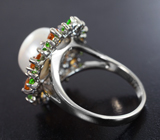 Великолепное серебряное кольцо с жемчужиной, цитринами, диопсидами и танзанитами Серебро 925