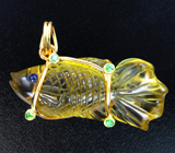 Золотой кулон с резным цитрином 30,96 карата, синим сапфиром и цаворитами Золото