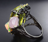 Серебряное кольцо с лимонным цитрином, кристаллическим эфиопским опалом, розовым кварцем и перидотами Серебро 925