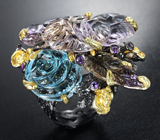 Серебряное кольцо с резными аметринами, голубым топазом и аметистами Серебро 925