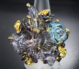 Серебряное кольцо с резными аметринами, голубым топазом и аметистами Серебро 925