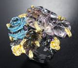 Серебряное кольцо с резными аметринами, голубым топазом и аметистами Серебро 925