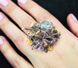 Серебряное кольцо с резными аметринами, голубым топазом и аметистами Серебро 925