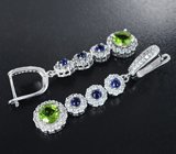 Элегантные серебряные серьги с перидотами и синими сапфирами  Серебро 925