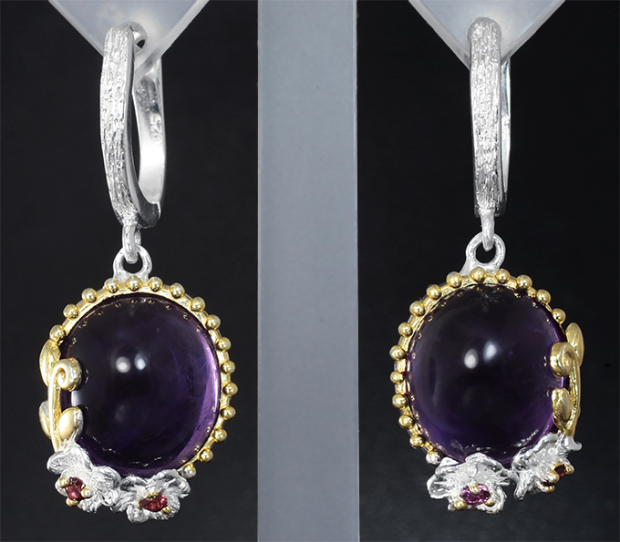 Серебряные серьги с аметистами 24,43 карата и родолитами