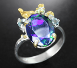 Серебряное кольцо с ограненным черным опалом, голубыми топазами и перидотом Серебро 925