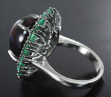Серебряное кольцо с кристаллическим черным опалом 8,33 карата, изумрудами и бриллиантами Серебро 925