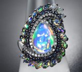 Серебряное кольцо с кристаллическими эфиопскими опалами 5,94 карата, синими сапфирами и бриллиантами