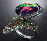 Серебряное кольцо с кристаллическим черным опалом 6,2 карата, разноцветными турмалинами и бриллиантами