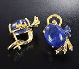 Золотые серьги с насыщенными бархатисто-синими танзанитами 15 карат, синими сапфирами и бриллиантами Золото