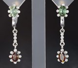 Прелестные серебряные серьги с зелеными и оранжевыми турмалинами Серебро 925
