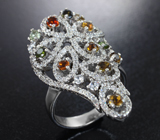 Роскошное крупное серебряное кольцо с разноцветными турмалинами