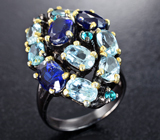 Серебряное кольцо с кианитами, голубыми топазами и «неоновыми» апатитами Серебро 925